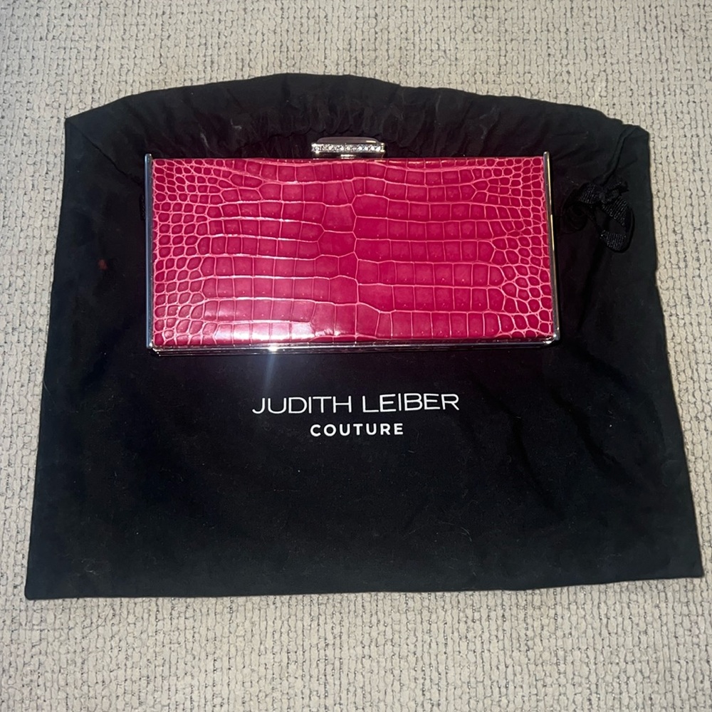 Authentic Judith Lieber Pink Crocodile Embossed Clutch with Detachable Strap